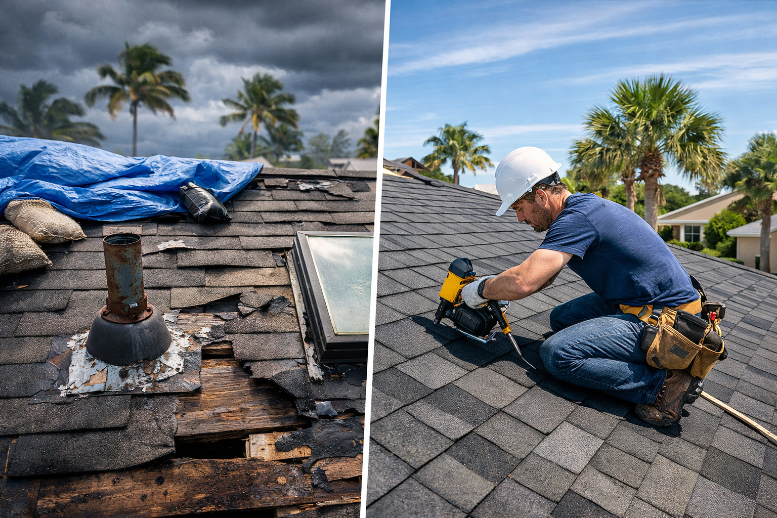 roof comparison showing damaged roof vs new roof replacement