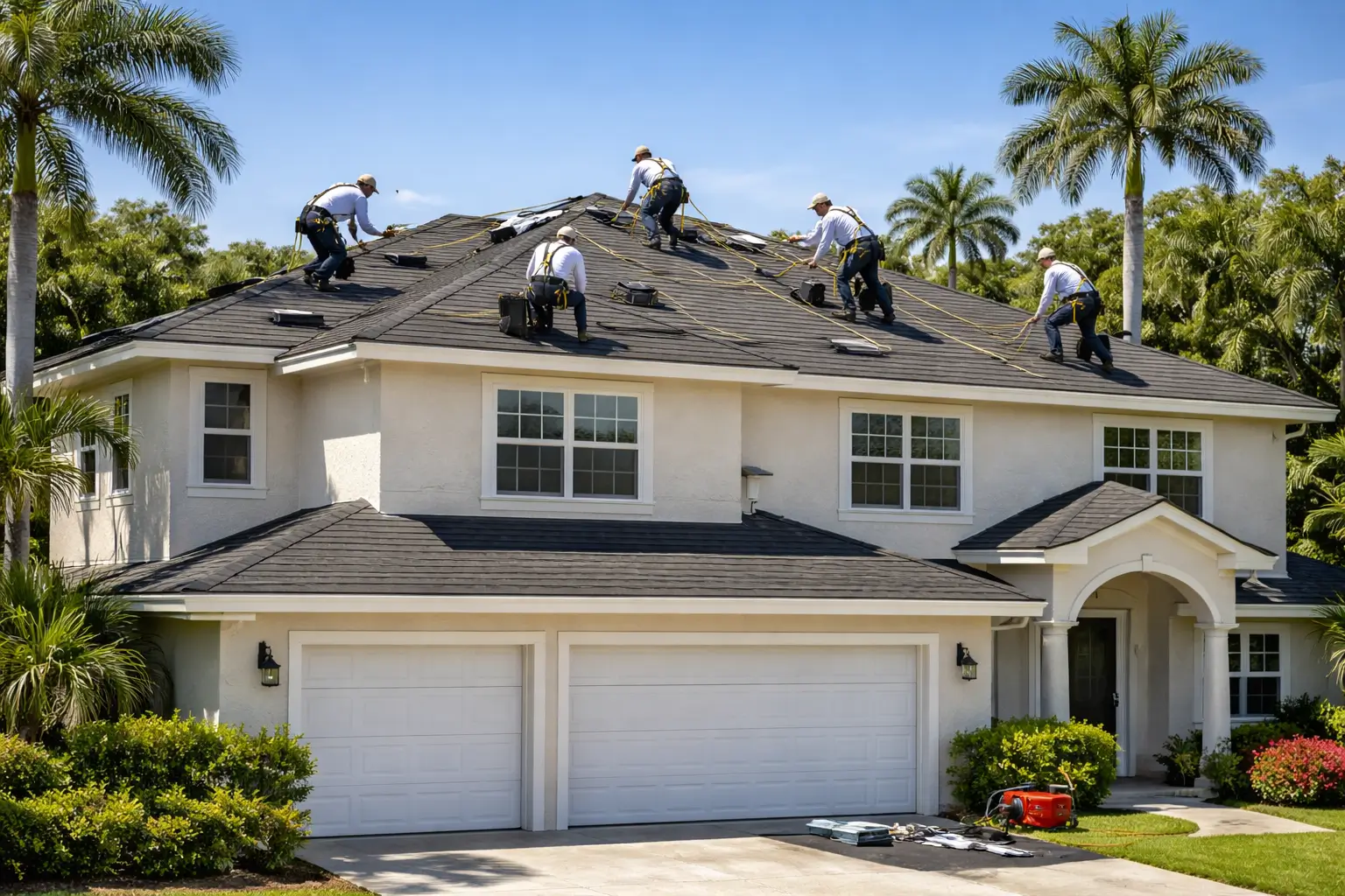 roofing crew replacing dark charcoal shingles on two-story home in Pompano Beach Florida