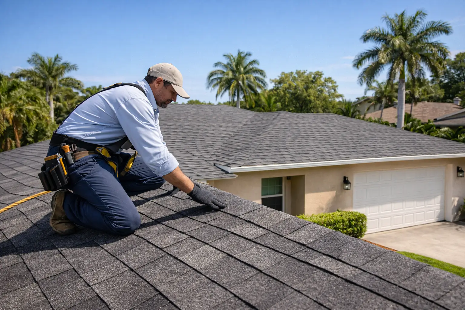roofing contractor inspecting gray asphalt shingle roof on ranch home in Tamarac Florida