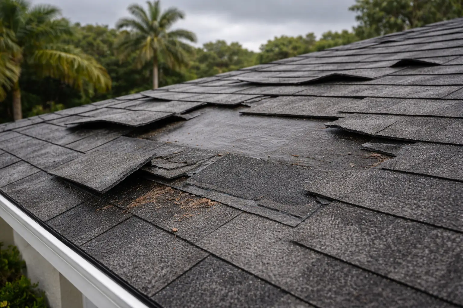 roofing crew replacing dark charcoal shingles on two-story home in Pompano Beach Florida