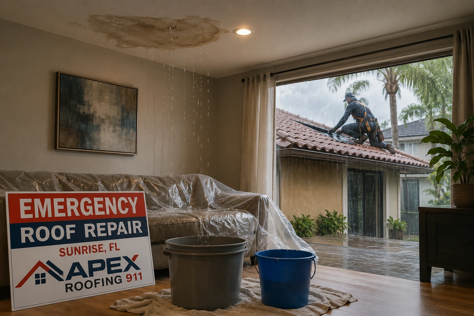 Emergency roof repair in Sunrise FL for a leaking residential roof